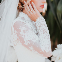 Goregous Ball Gown Satin Wedding Dresses High Neck Sheer Long Sleeve Lace Appliques Keyhole Back Bridal Gowns - Thumbnail 2