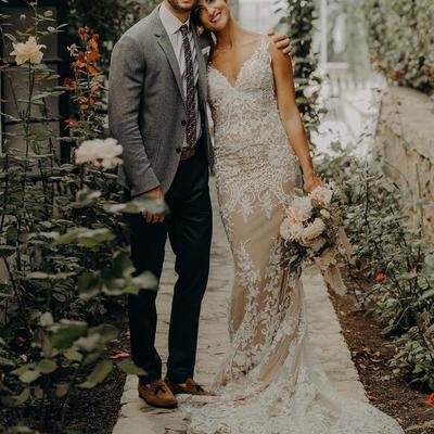 Glamorous mermaid garden wedding dresses sexy deep v neck delicate lace champagne lining bridal gowns - Thumbnail 5