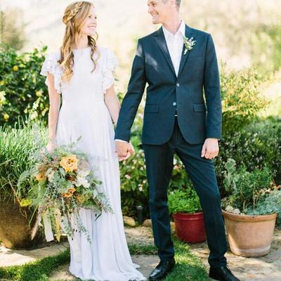 Simple a line chiffon boho beach wedding dresses crew neck short sleeve ruffle bridal gowns - Thumbnail 5