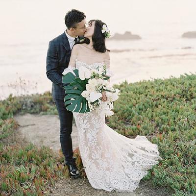Glamorous mermaid garden wedding dresses off the shoulder delicate lace champagne lining bridal gowns - Thumbnail 4