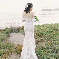 Glamorous Mermaid Garden Wedding Dresses Off the Shoulder Delicate Lace Champagne Lining Bridal Gowns - Thumbnail 4