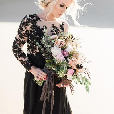 Simple a line chiffon boho beach black wedding dresses crew neck sheer long sleeve appliques lace bridal gowns - Thumbnail 5