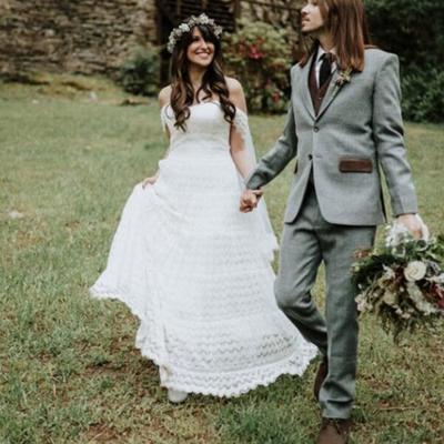 Glamorous a line boho beach wedding dresses off the shoulder unique lace bridal gowns - Thumbnail 5