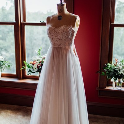 Simple a line tulle blush pink garden wedding dresses sheer crew neck lace bodice backless bridal gowns - Thumbnail 5