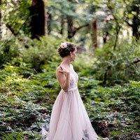 Simple A Line Tulle Blush Pink Garden Wedding Dresses Sheer Crew Neck Lace Bodice Backless Bridal Gowns - Thumbnail 3