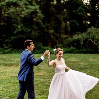 Simple A Line Tulle Blush Pink Garden Wedding Dresses Sheer Crew Neck Lace Bodice Backless Bridal Gowns - Thumbnail 4