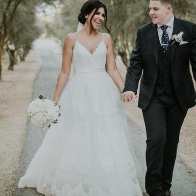 Simple ball gown tulle garden wedding dresses spaghetti straps lace bodice appliques puffy bridal gowns - Thumbnail 5
