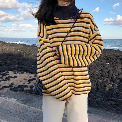 Stand Collar Striped Loose Knit Sweater