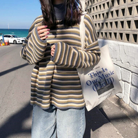 Stand Collar Striped Loose Knit Sweater - Thumbnail 3