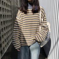 Stand Collar Striped Loose Knit Sweater - Thumbnail 4