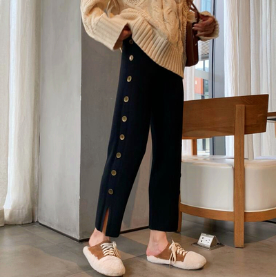 Side Buttons Slit Knit Casual Pants