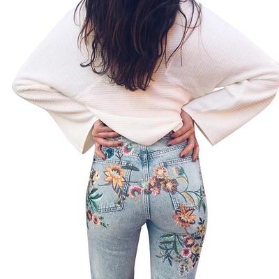 High waist embroidered denim trousers