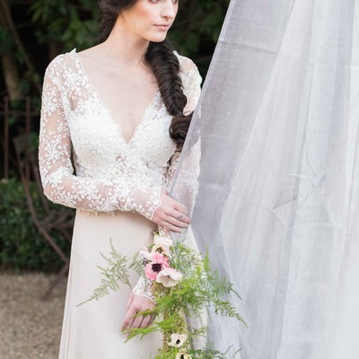 Romantic a line garden wedding dresses sexy deep v neck delicate lace sheer long sleeve backless covered button bridal gowns - Thumbnail 5