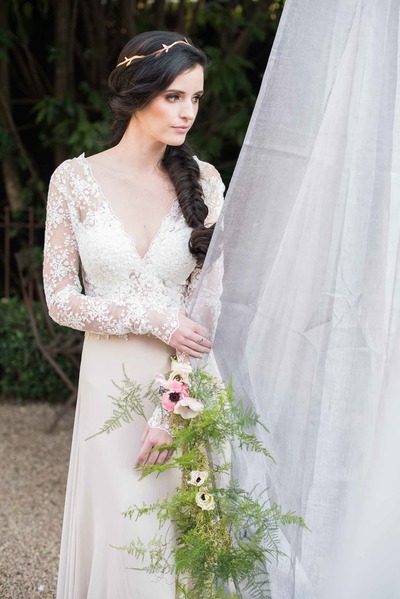 Romantic A Line Garden Wedding Dresses Sexy Deep V Neck Delicate Lace Sheer Long Sleeve Backless Covered Button Bridal Gowns