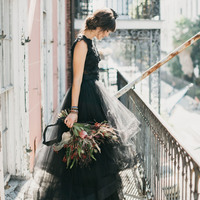 Romantic Ball Gown Black Gothic Wedding Dresses Sheer Crew Neck Lace Appliques Keyhole Back Bridal Gowns - Thumbnail 1