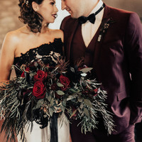 Glamous Mermaid Satin Black and White Gothic Wedding Dresses Sexy Lace Accents Bridal Gowns - Thumbnail 1