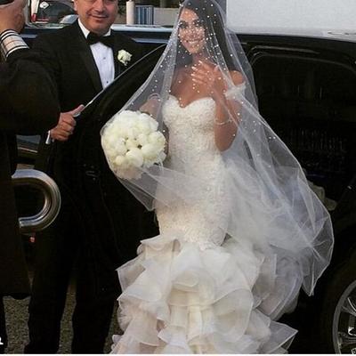 Stunning mermaid wedding dresses off the shoulder sleeveless lace bodice tiered bridal gowns - Thumbnail 5