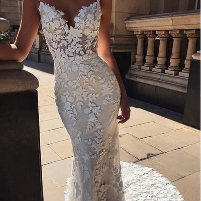  romantic mermaid stunning wedding dresses spaghetti straps delicate lace bridal gowns - Thumbnail 4