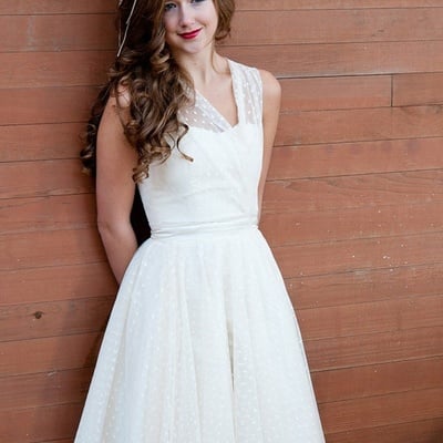 1950s vintage ball gown short wedding dresses plunge polka dots tre-length bridal gowns - Thumbnail 3