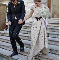 Unique Sheath Black and White Polka Dots Wedding Dresses Crew Neck Short Sleeve Sash Bridal Gowns - Thumbnail 1