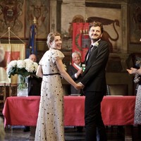 Unique Sheath Black and White Polka Dots Wedding Dresses Crew Neck Short Sleeve Sash Bridal Gowns - Thumbnail 4