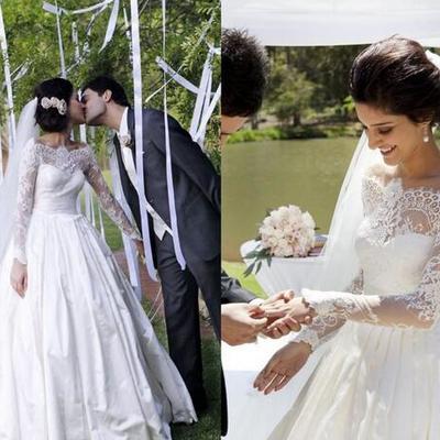 Timeless lace appliques princess wedding dress long sleeve illusion bodice off shoulder floor-length white wedding gowns - Thumbnail 4