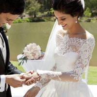 Timeless Lace Appliques Princess Wedding Dress Long Sleeve Illusion Bodice Off Shoulder Floor-Length White Wedding Gowns - Thumbnail 2