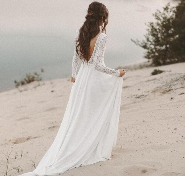 Beach Wedding Dress Long Sleeve Boho V Neck Backless bridal dresses Chiffon Princess Lace Chiffon Wedding Gown vestido de noiva