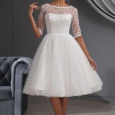 Knee length half sleeve illusion neckline spot tulle overlay satin linling vestido de novia short polka dots wedding dresses  - Thumbnail 4