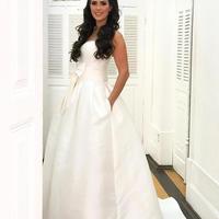 Simple A Line Strapless Satin Wedding Dresses Bride Gown With Bow - Thumbnail 2