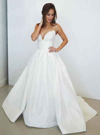 Simple Spaghetti Strap Sweetheart Wedding Dresses,Satin Bride Gown