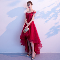 Burgundy lace off shoulder prom dress, burgundy evening dress - Thumbnail 2