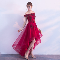 Burgundy lace tulle high low prom dress, homecoming dress - Thumbnail 1