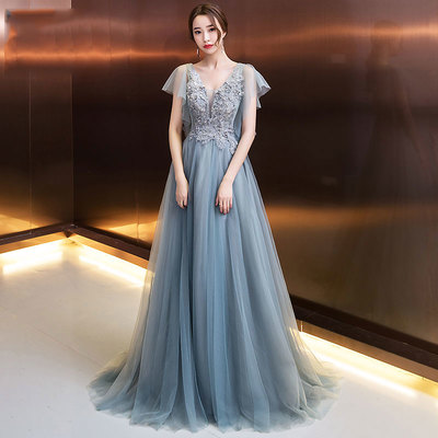 Gray v neck tulle lace long prom dress, lace evening dress