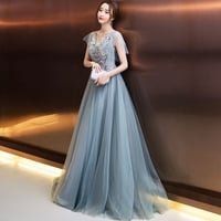 Gray v neck tulle lace long prom dress, lace evening dress - Thumbnail 1