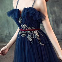 Dark blue tulle long prom dress, evening dress - Thumbnail 1