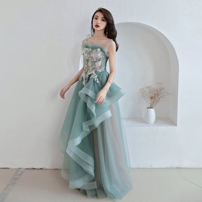 Unique tulle lace long prom dress, green evening dress - Thumbnail 5