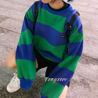 Vintage Blue Green Stripe Fleece Sweatshirt - Thumbnail 2