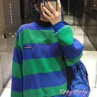 Vintage Blue Green Stripe Fleece Sweatshirt - Thumbnail 3