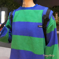 Vintage Blue Green Stripe Fleece Sweatshirt - Thumbnail 4