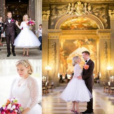 50s vintage design tea length wedding dresses half sleeve v neck lace a line short bridal gowns vestido de noiva custom size - Thumbnail 5