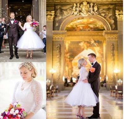 50s Vintage Design Tea Length Wedding Dresses Half Sleeve V Neck Lace A Line Short Bridal Gowns vestido de noiva Custom Size