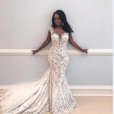 New sheer jewel neck sexy mermaid wedding dresses lace applique backless court train wedding dress bridal gowns robe de mariée - Thumbnail 3