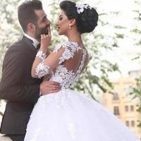 Sheer Long Sleeve Wedding Dresses Sexy Illusion Lace Appliques Ball Gowns Bridal Gowns Cheap Wedding Dress Custom Made - Thumbnail 1