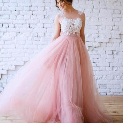 New blush pink bohemian wedding dresses illusion neck white lace appliqued long tulle beach bridal gowns - Thumbnail 4