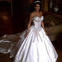 Elegant Satin Wedding Dress Ball Gowns Sweetheart Ivory Sparkly Crystal Beaded Lace Up Chapel Train Bridal Gowns - Thumbnail 1