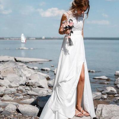 New arrival summer beach a line wedding dresses lace jewel neck zipper back modern boho wedding dress with side split bridal gowns - Thumbnail 3