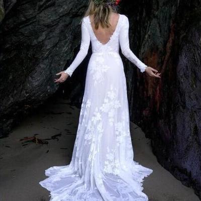 Simple elegant summer beach wedding dresses lace long sleeves sexy back long bridal gowns for beach gardens cheap wedding gowns - Thumbnail 4