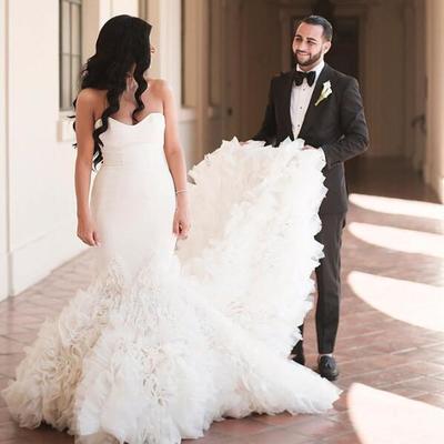 Summer backless sweetheart mermaid wedding dresses cascading ruffles pleats long sweep train bride wedding gowns arabic - Thumbnail 4