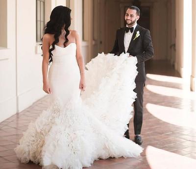 Summer Backless Sweetheart Mermaid Wedding Dresses Cascading Ruffles Pleats Long Sweep Train Bride Wedding Gowns Arabic